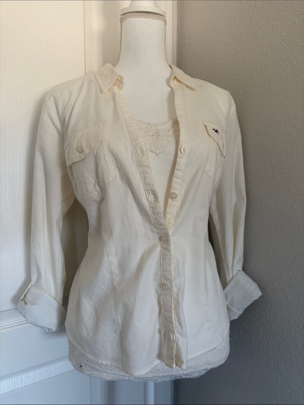 Limited Edition Hollister Women’s Off-White Button-Down Shirt with Embroidered L